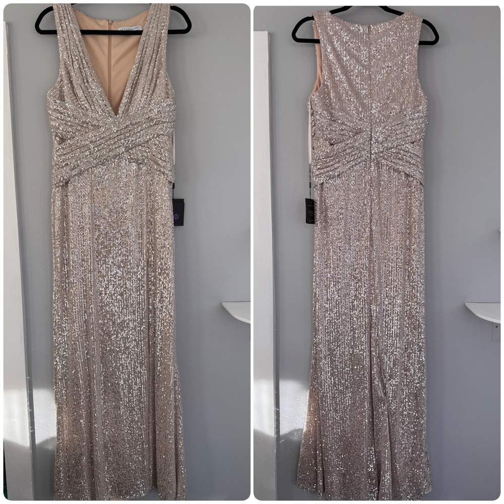 IEENA FOR MAC DUGGAL
Silver V-Neck Sequin Wrap Waist Gown size 10 - Picture 3 of 12
